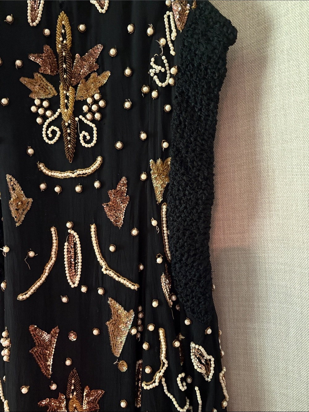 Vintage Black Mini Dress with Gold and Pearl Embellishment - Picture 4 of 12